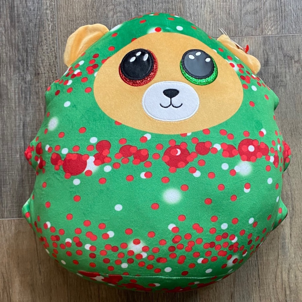 Ty Squishy Beanies Christmas Bear Green Red Polka Dot 12 Inch Plush 394067